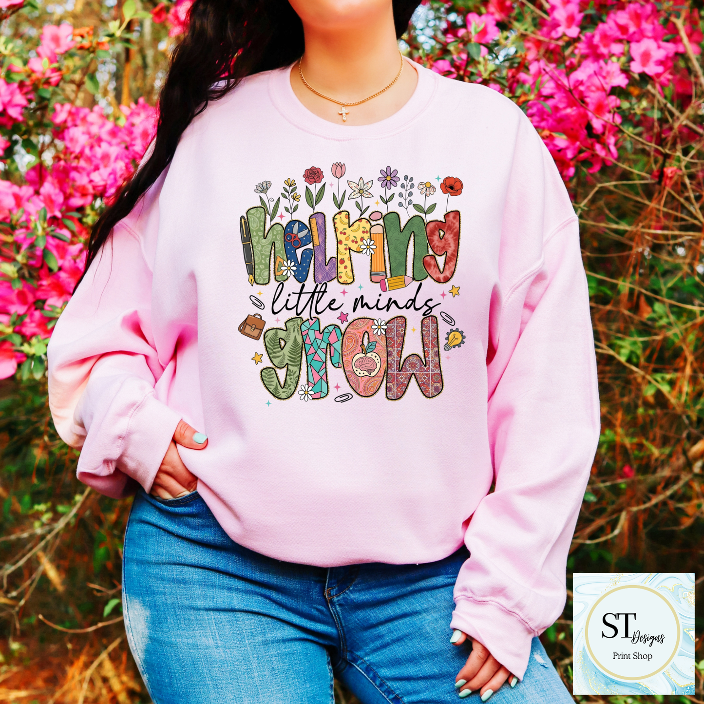Helping Little Minds Grow Teacher T-Shirt | Cute Floral Teacher Graphic Tee | Preschool & Elementary Teacher Shirt | Unisex S-5XL