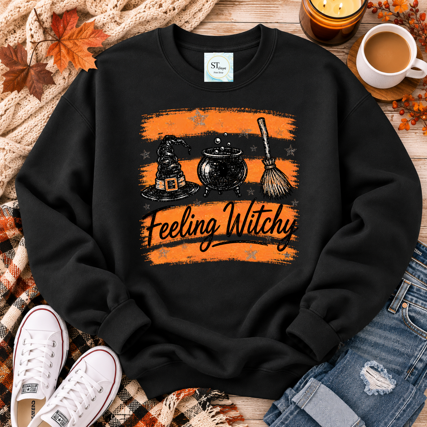 Feeling Witchy Halloween Cauldron Hat and Broom Graphic