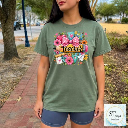 Cute Teacher Graphic T-Shirt | Pencil & Floral Teacher Shirt | Back to School Teacher Tee | Teacher Appreciation Gift | Unisex S-5XL