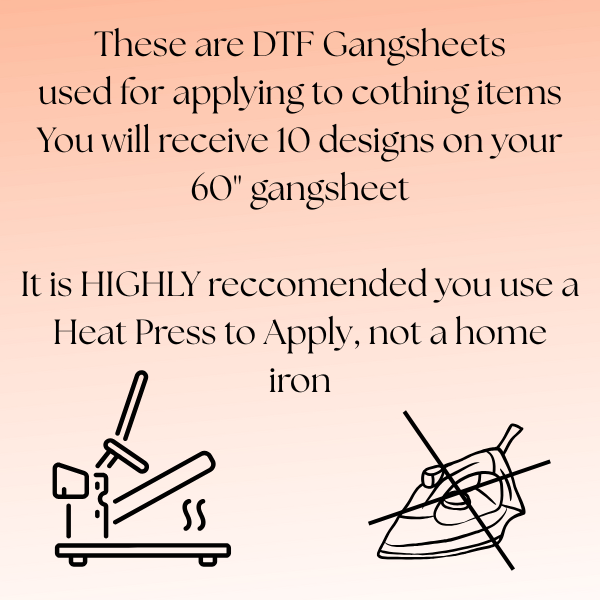 Text and icons explaining DTF gangsheets for clothing with a heat press recommendation on a pink background.