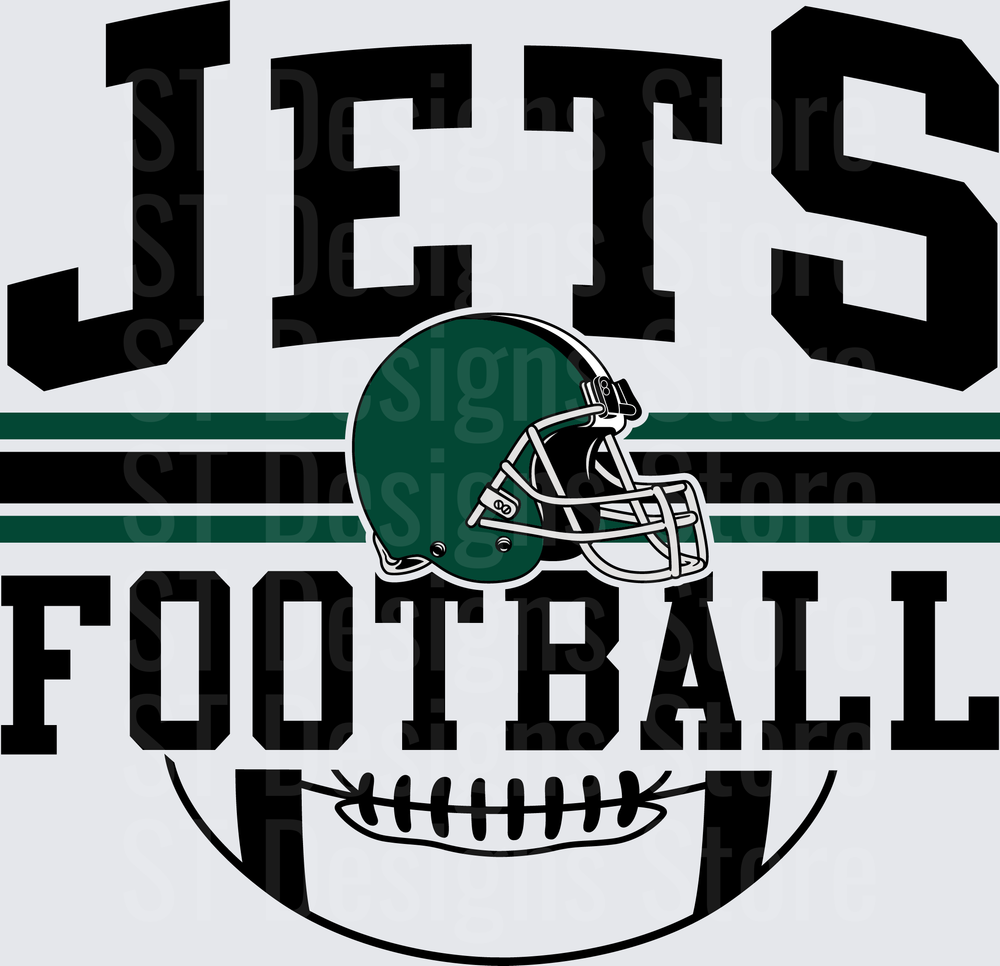 Jets Football Arch Text Green Helmet Striped Banner and Football Graphic DTF Transfer
