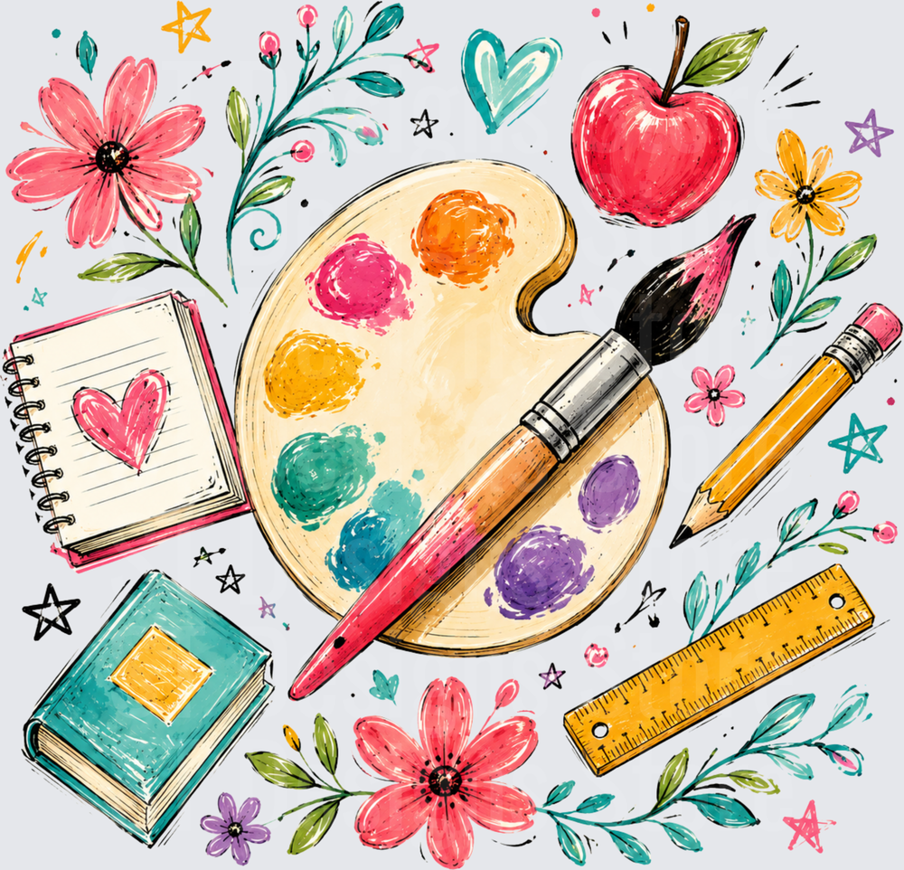 Colorful Watercolor Back to School Art Supplies Paint Palette Brush Pencil Ruler Apple Notebook Floral Doodle DTF Transfer
