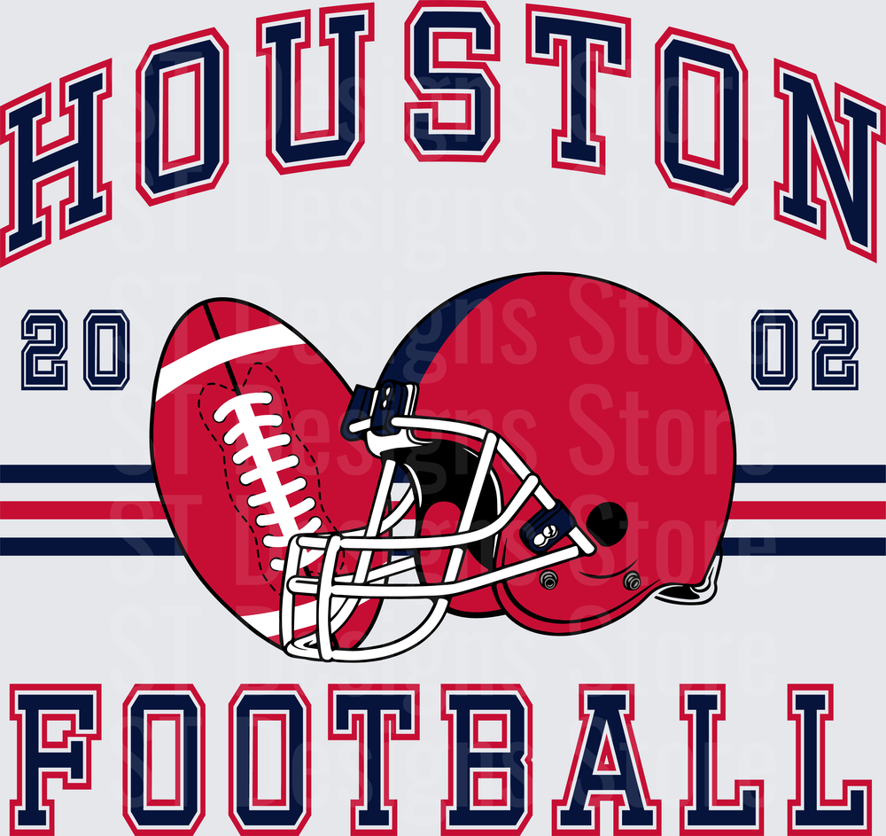 Houston Football 2002 Vintage Varsity Arch Letttering Red Helmet and Football Graphic DTF Transfer