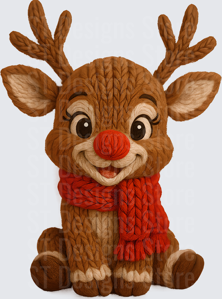 Cute Knit Texture Red Nose Reindeer with Red Scarf Christmas Holiday DTF Transfer