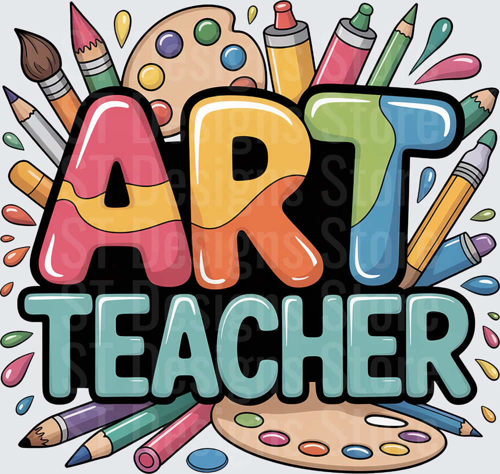 Colorful Art Teacher Bold Lettering with Paint Palette Brushes Pencils and Markers DTF Transfer
