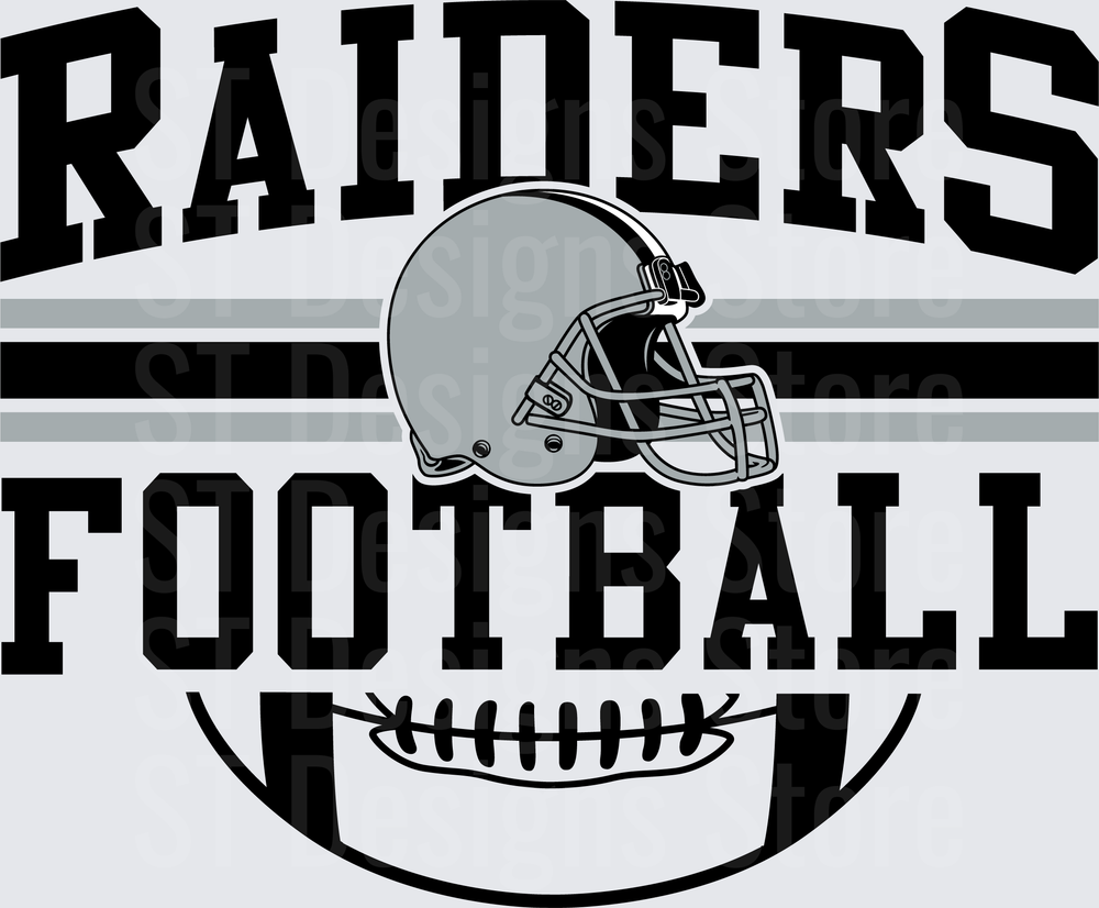 Raiders Football Arched Text with Gray Helmet and Football Graphic Black and Silver DTF Transfer