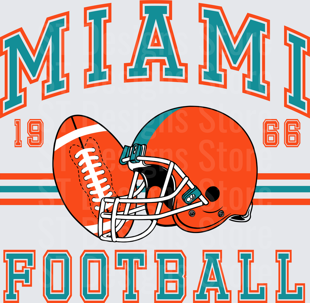 Miami Football 1966 Retro Varsity Arch Helmet and Football Graphic Teal Orange College Style DTF Transfer
