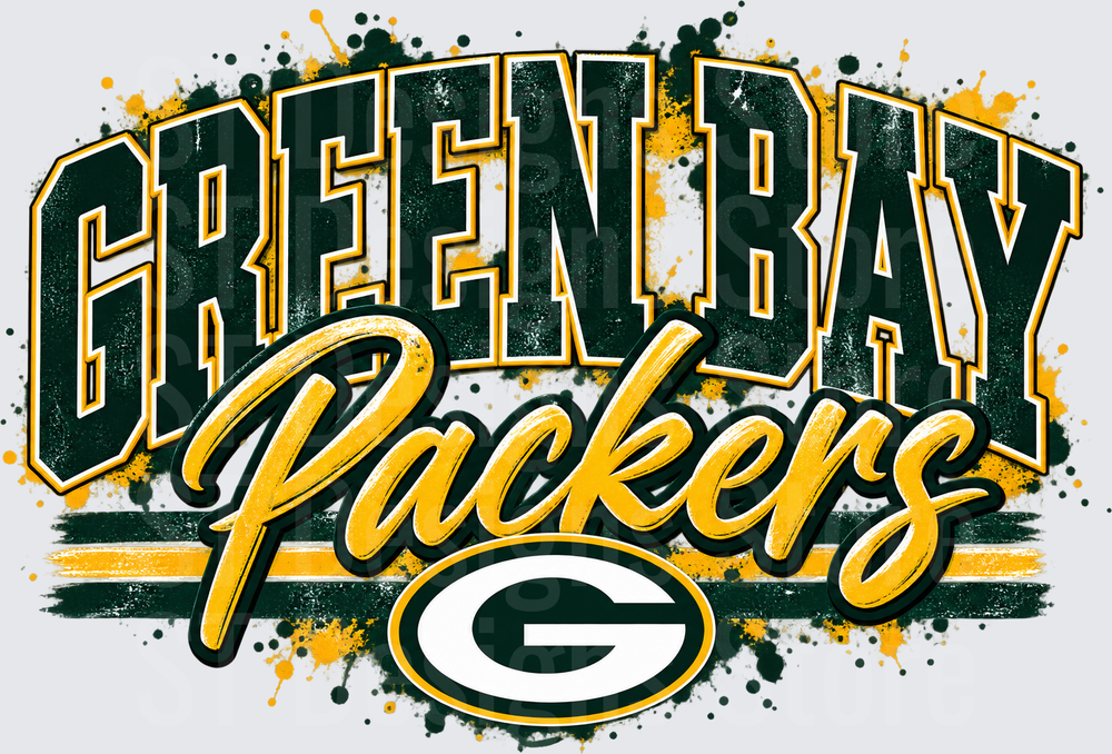 Green Bay Packers Bold Arch Script Logo Paint Splatter DTF Transfer