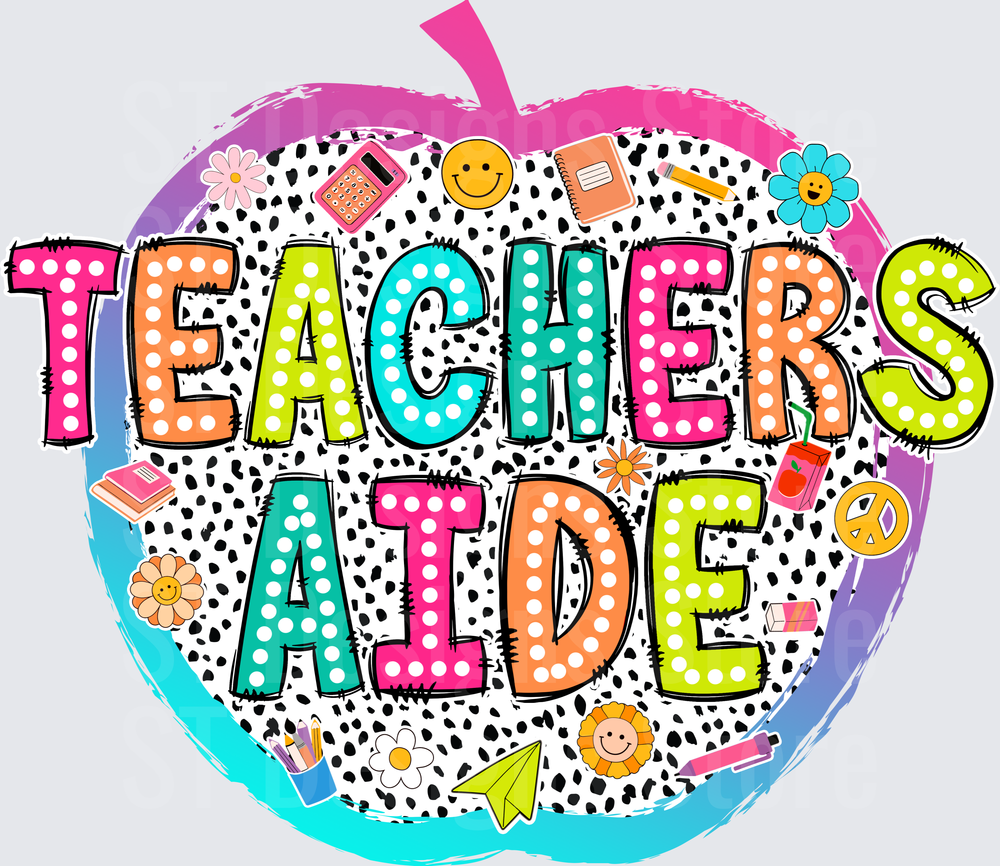 Teachers Aide Colorful Polka Dot Letter Apple Shape Dalmatian Print School Supplies Graphic DTF Transfer
