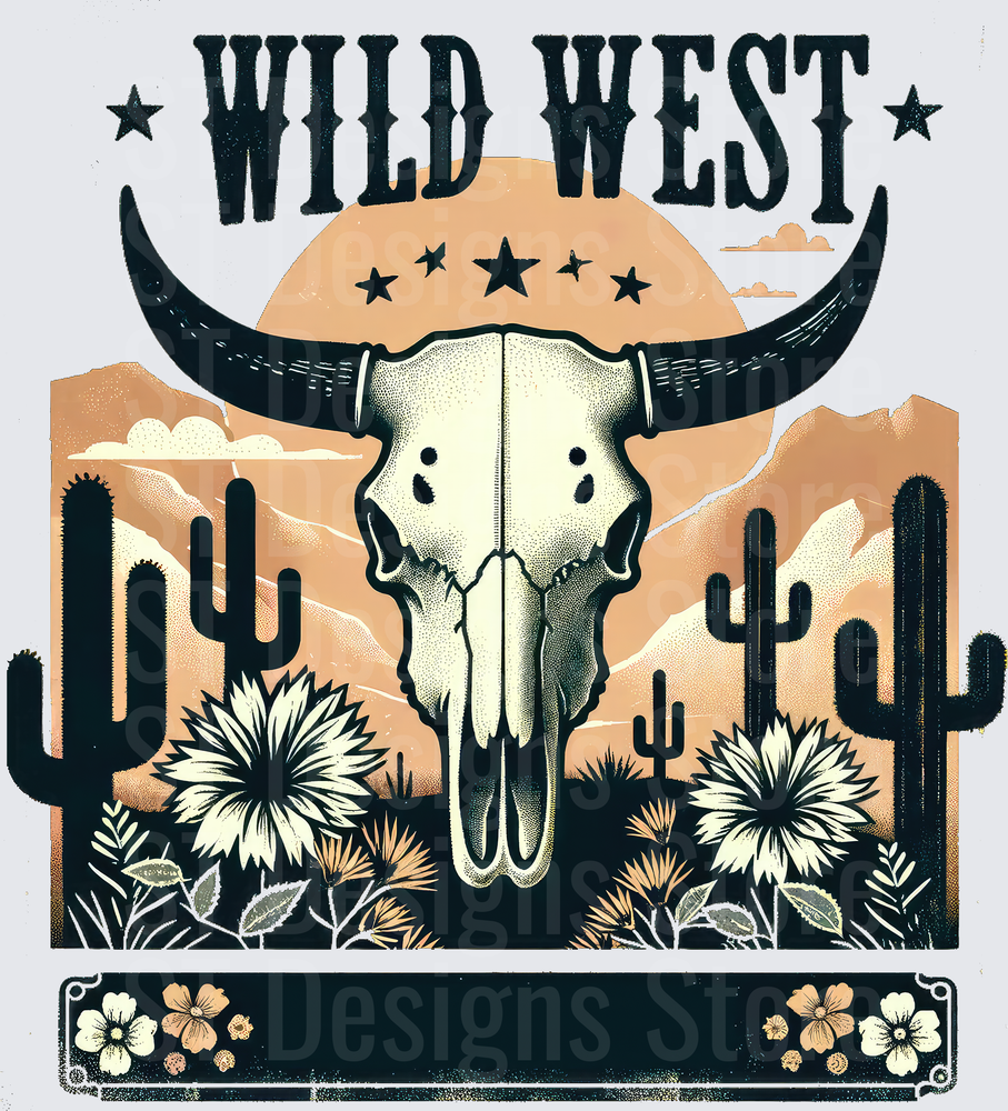Wild West Longhorn Bull Skull Desert Sunset Cactus Floral Western Cowboy DTF Transfer