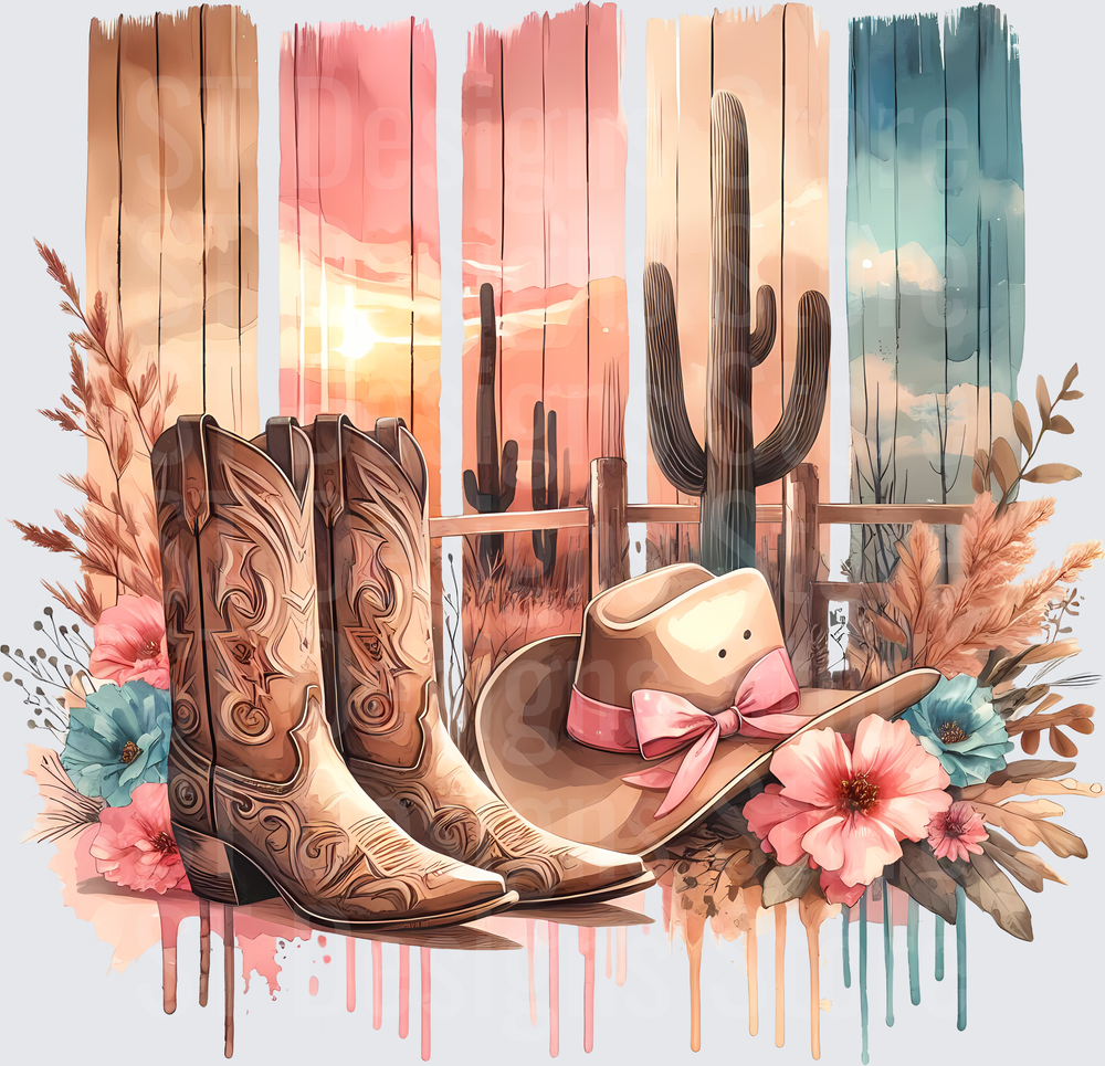 Boho Western Cowboy Boots and Hat with Pink Bow Floral Cactus Sunset Desert Watercolor DTF Transfer