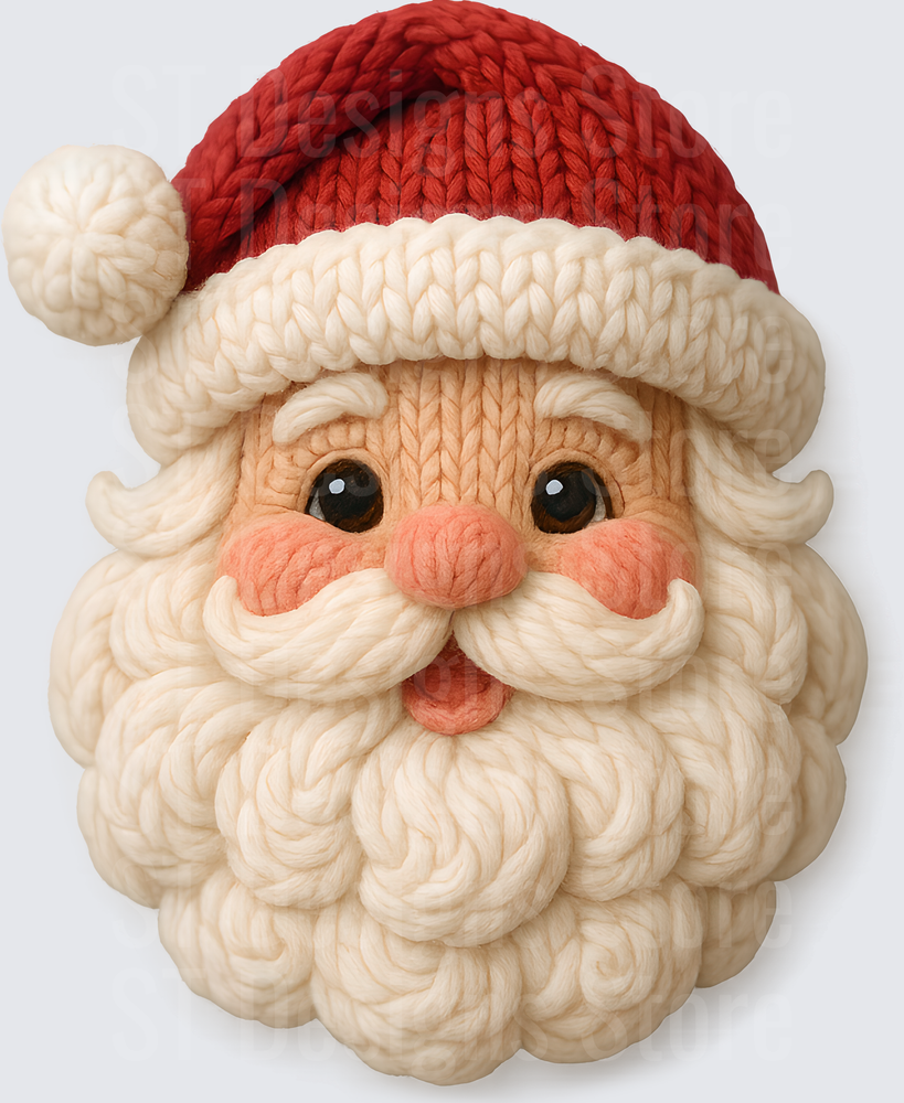 Cute Knitted Yarn Santa Claus Face Chunky Crochet Style Christmas Holiday DTF Transfer