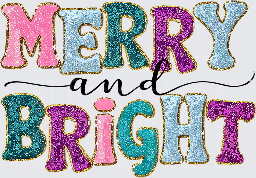 Merry and Bright Colorful Glitter Gold Border Varsity Letter Holiday Christmas DTF Transfer