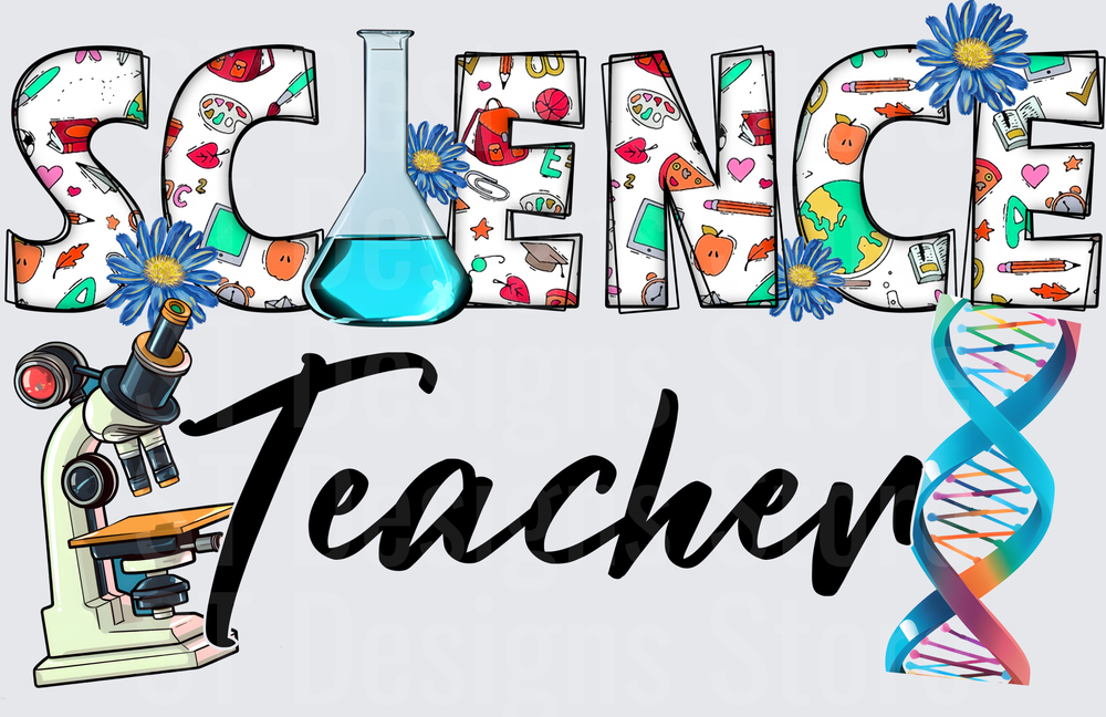 Science Teacher Patterned Letter Design with Microscope Beaker DNA Helix and Blue Daisy Flowers DTF Transfer