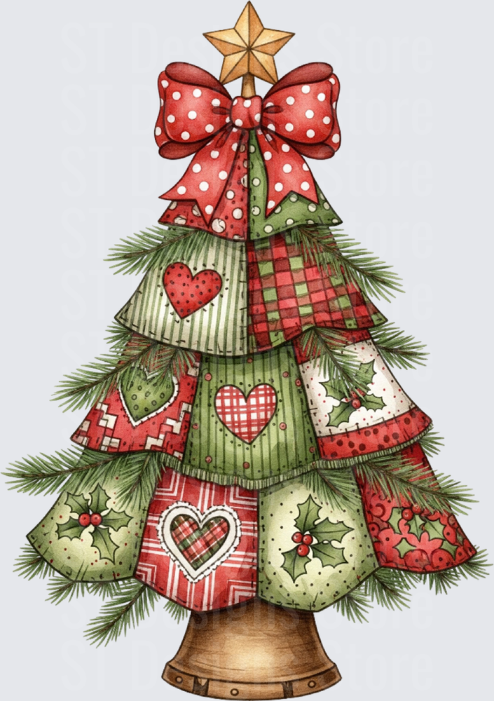 Farmhouse Patchwork Quilt Christmas Tree with Polka Dot Bow Hearts and Holly Berry Watercolor Design DTF Transfer