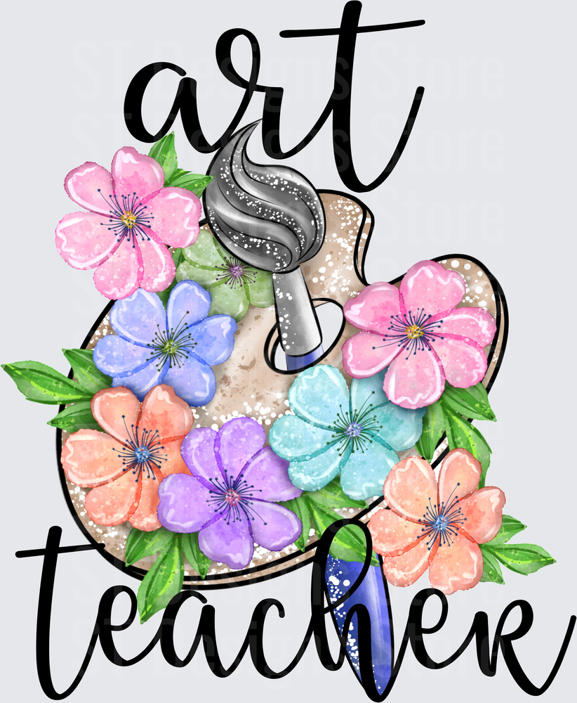 Art Teacher Floral Paint Palette with Paintbrush Watercolor Spring Flowers DTF Transfer
