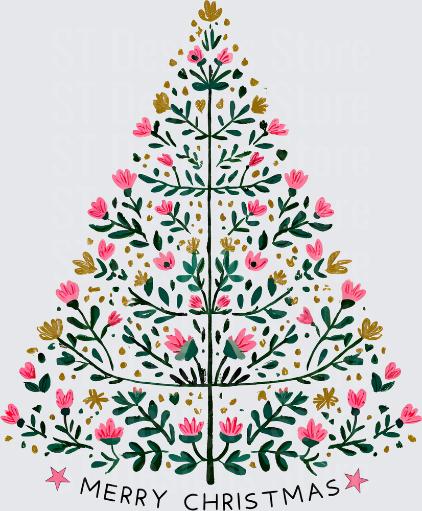 Merry Christmas Floral Botanical Tree with Pink Flowers and Gold Accents Holiday DTF Transfer