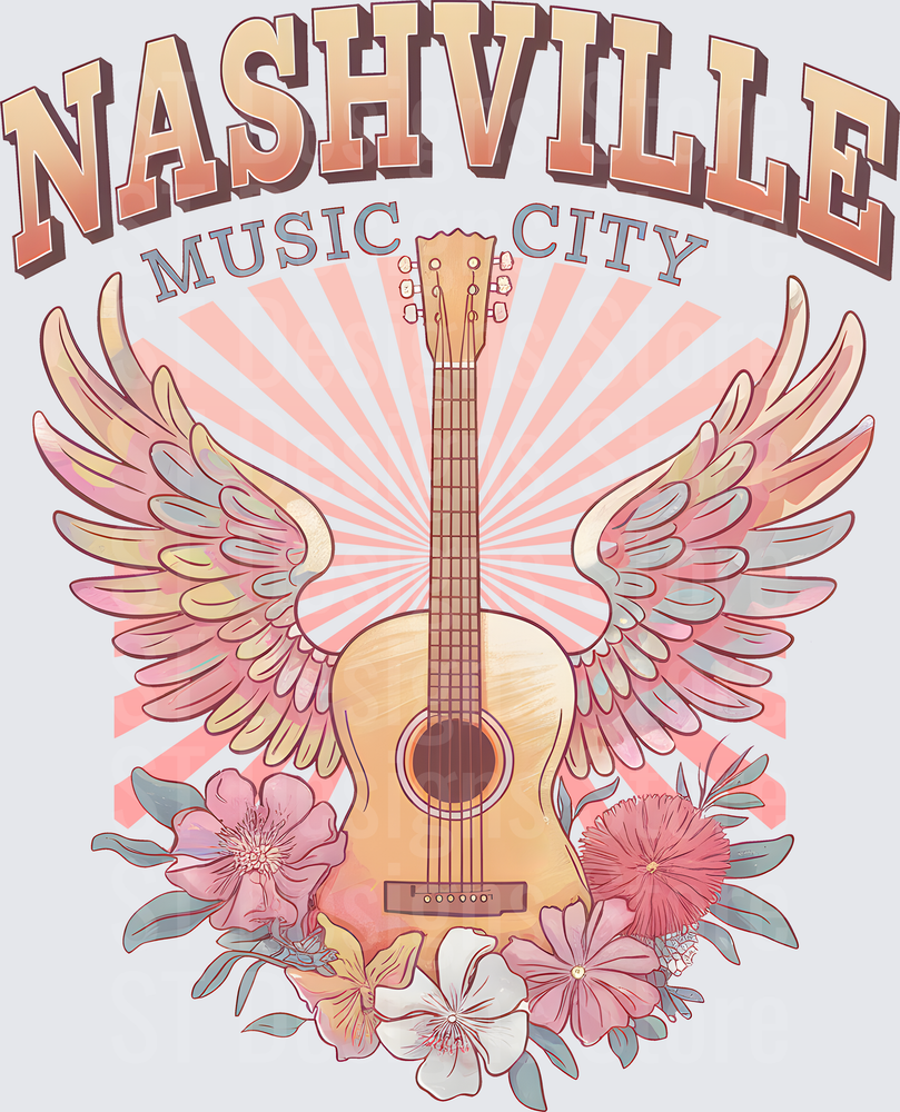 Nashville Music City Winged Acoustic Guitar Floral Sunburst Retro Country Western DTF Transfer
