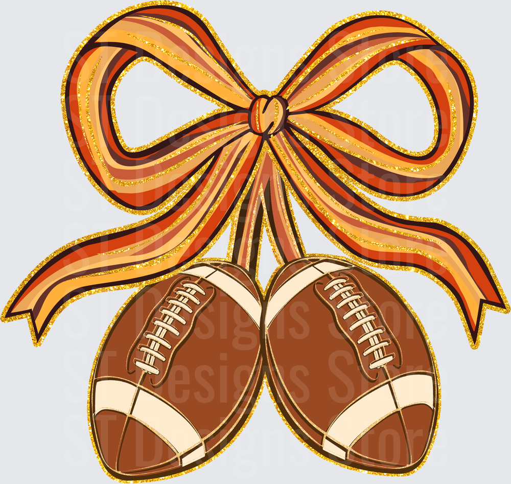 Twin Footballs with Orange Brown Striped Glitter Bow Coquette Football Season DTF Transfer