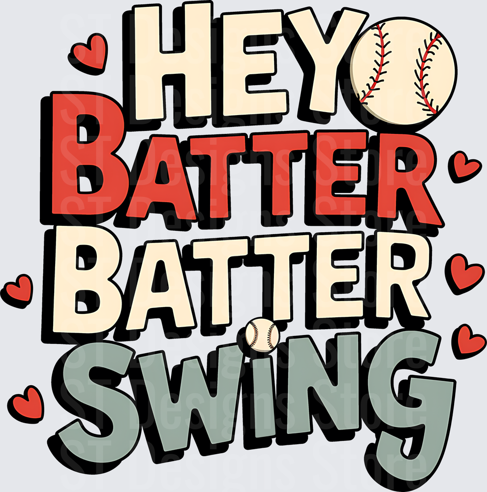 Hey Batter Batter Swing Baseball with Hearts Valentine's Day DTF Transfer