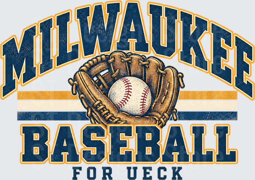Milwaukee Baseball For Ueck Vintage Glove and Ball Navy Gold Distressed Graphic DTF Transfer
