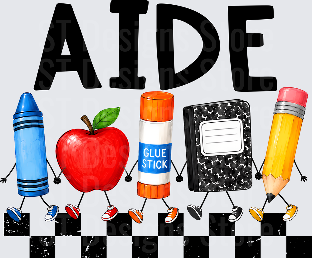 Aide School Supply Characters Walking Crayon Apple Glue Stick Notebook Pencil Checkered DTF Transfer