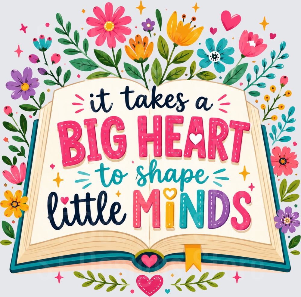 Colorful Open Book with Wildflowers It Takes A Big Heart To Shape Little Minds Teacher Quote DTF Transfer