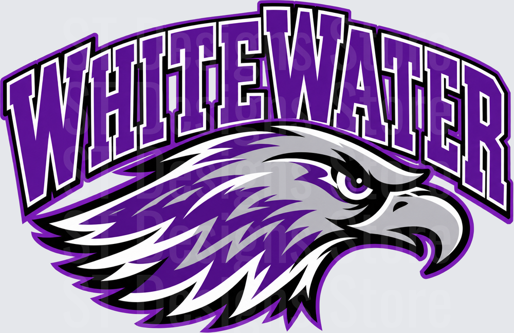 Whitewater Warhawks Purple and Gray Hawk Mascot Arched Logo DTF Transfer