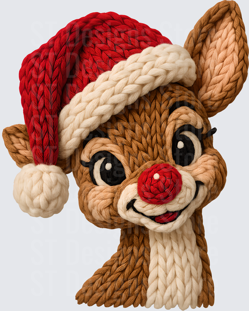 Knitted Yarn Style Red Nosed Reindeer Santa Hat Christmas Holiday DTF Transfer