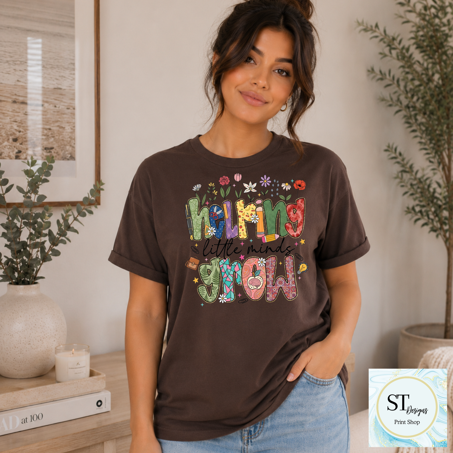 Helping Little Minds Grow Teacher T-Shirt | Cute Floral Teacher Graphic Tee | Preschool & Elementary Teacher Shirt | Unisex S-5XL