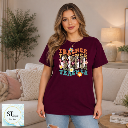 Retro Teacher Life SPED Graphic T-Shirt | Boho Speckled SPED Teacher Tee | Cute Back to School Shirt | Unisex S-5XL