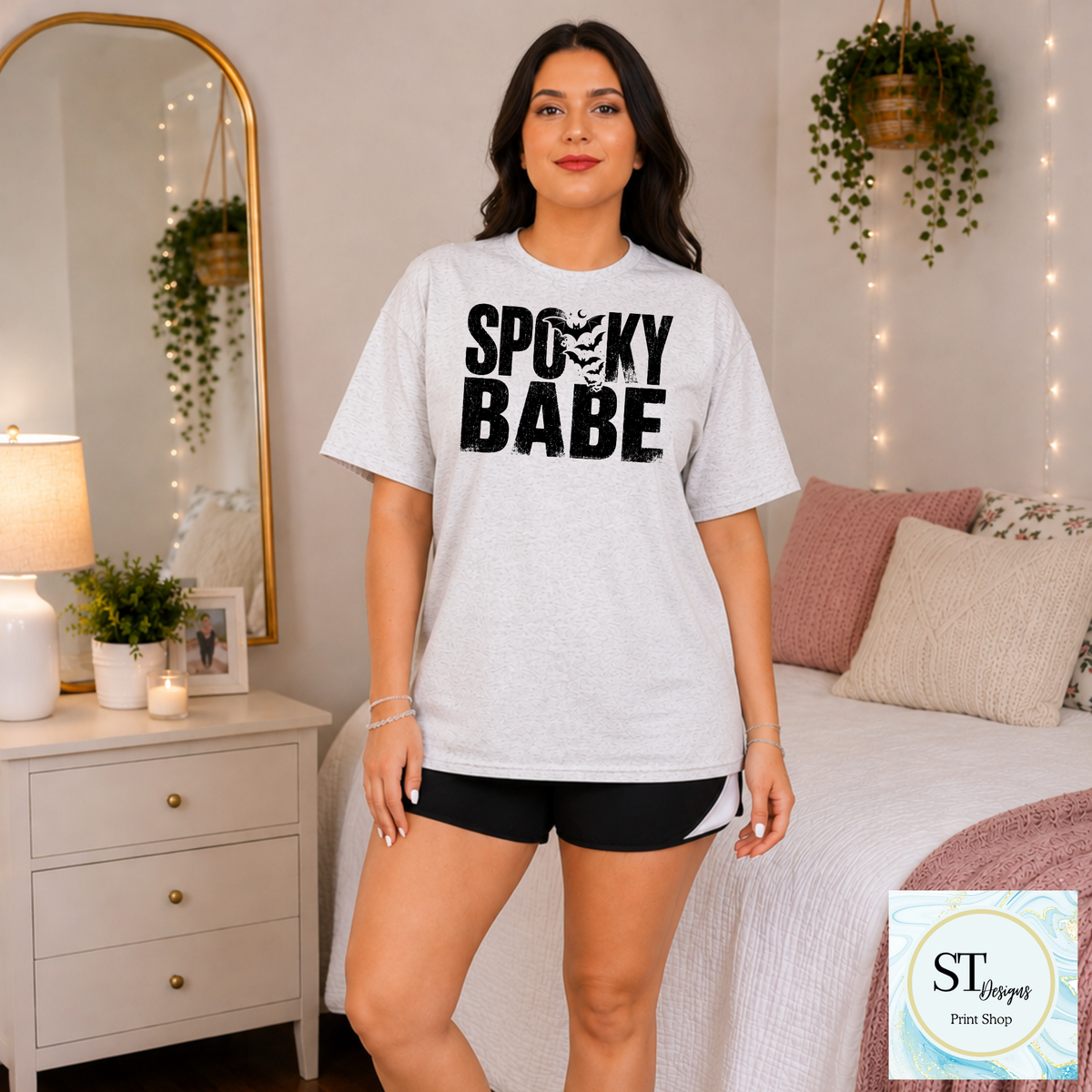 Spooky Babe Distressed Halloween Bats Graphic Shirt
