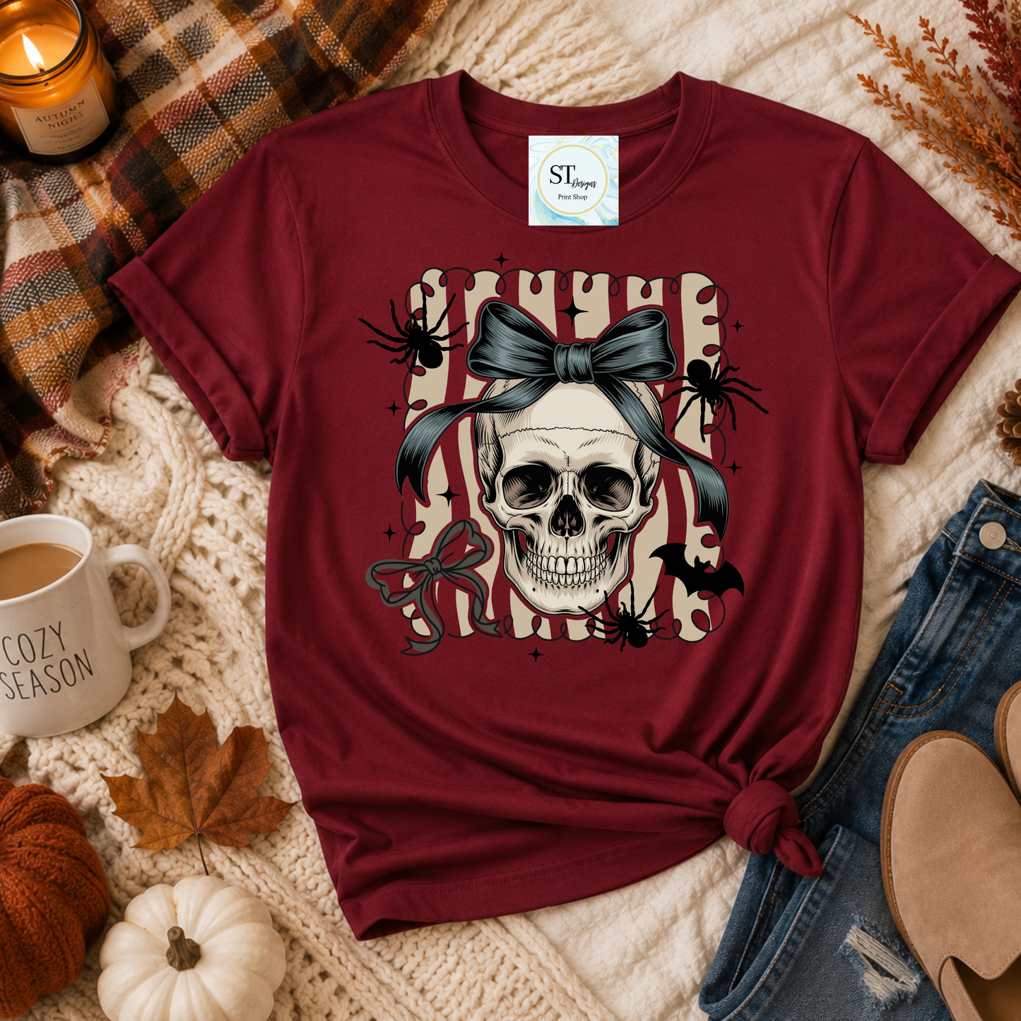 Skull with Bow Spooky Cute Halloween Graphic