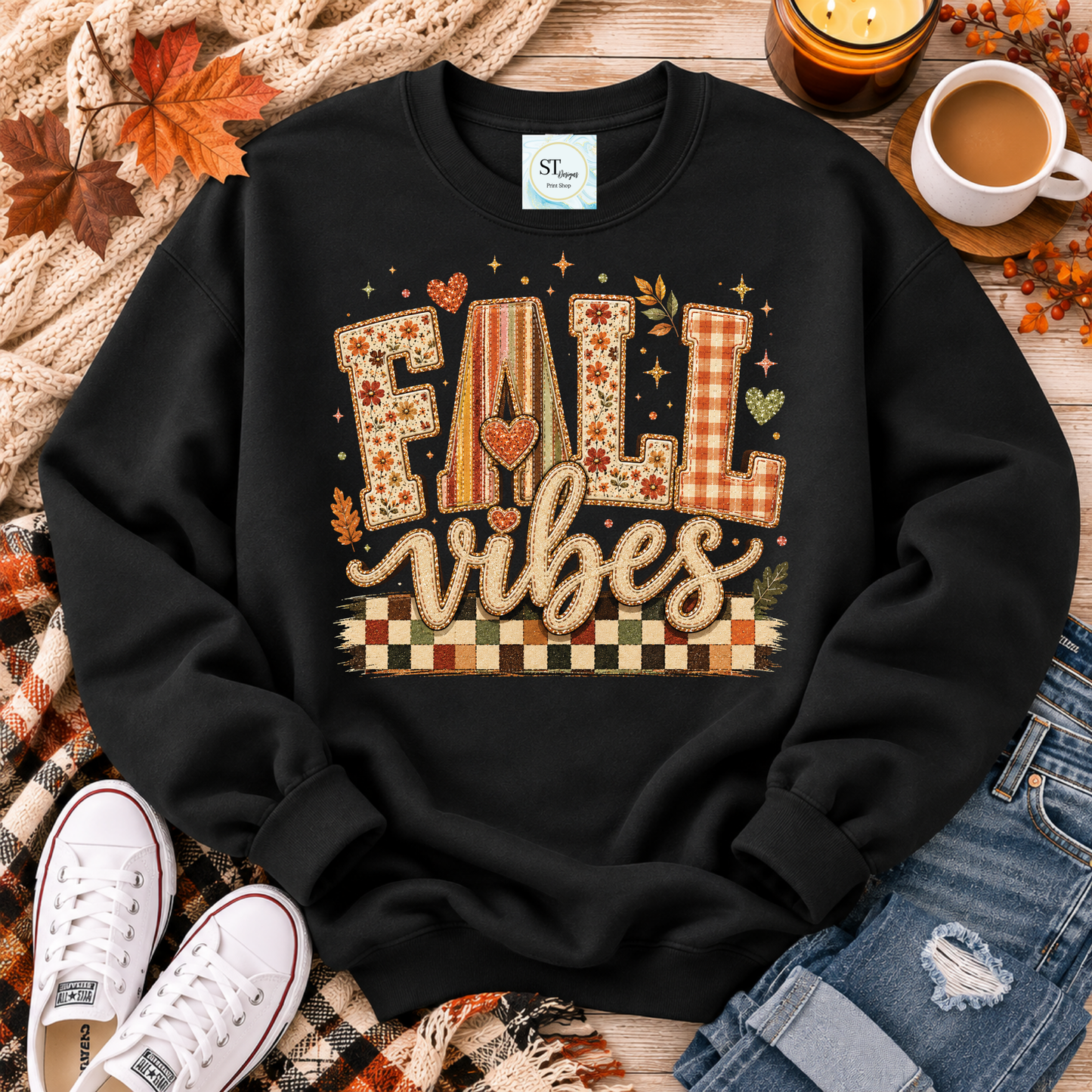 Fall Vibes Patchwork Letters Checkered Autumn Graphic