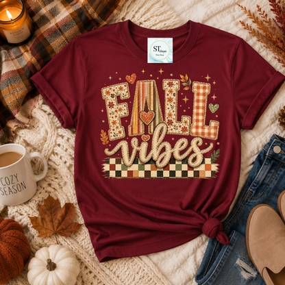 Fall Vibes Patchwork Letters Checkered Autumn Graphic