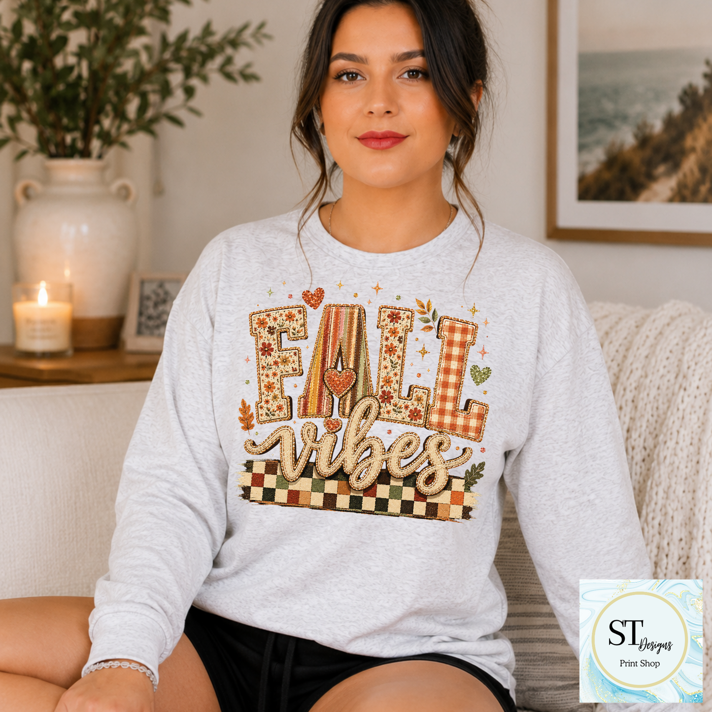 Fall Vibes Patchwork Letters Checkered Autumn Graphic