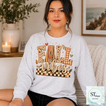 Fall Vibes Patchwork Letters Checkered Autumn Graphic