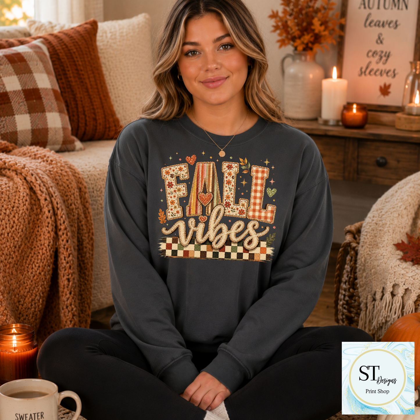 Fall Vibes Patchwork Letters Checkered Autumn Graphic