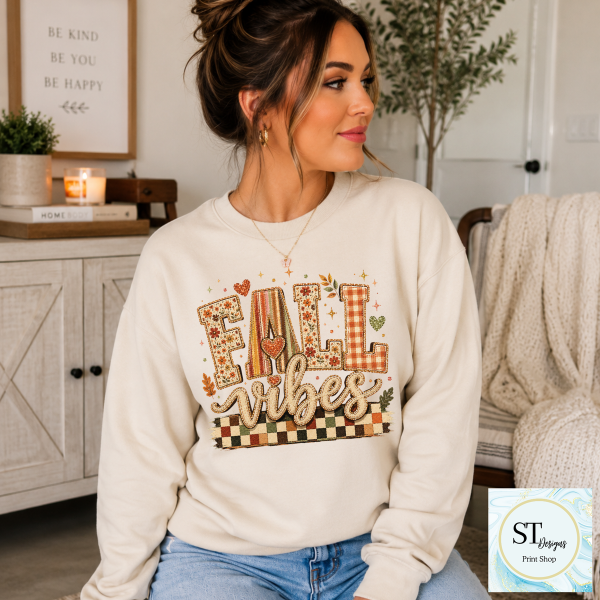 Fall Vibes Patchwork Letters Checkered Autumn Graphic