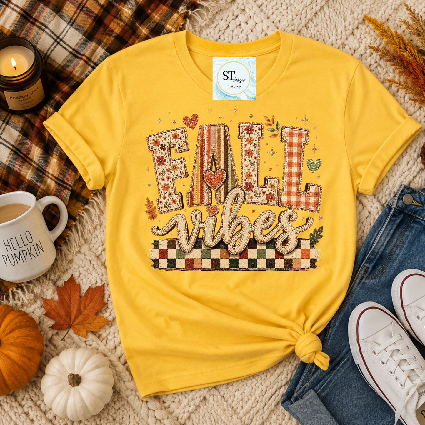 Fall Vibes Patchwork Letters Checkered Autumn Graphic