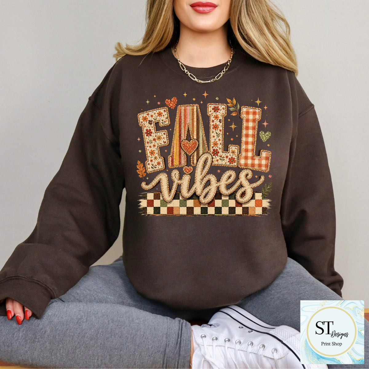 Fall Vibes Patchwork Letters Checkered Autumn Graphic