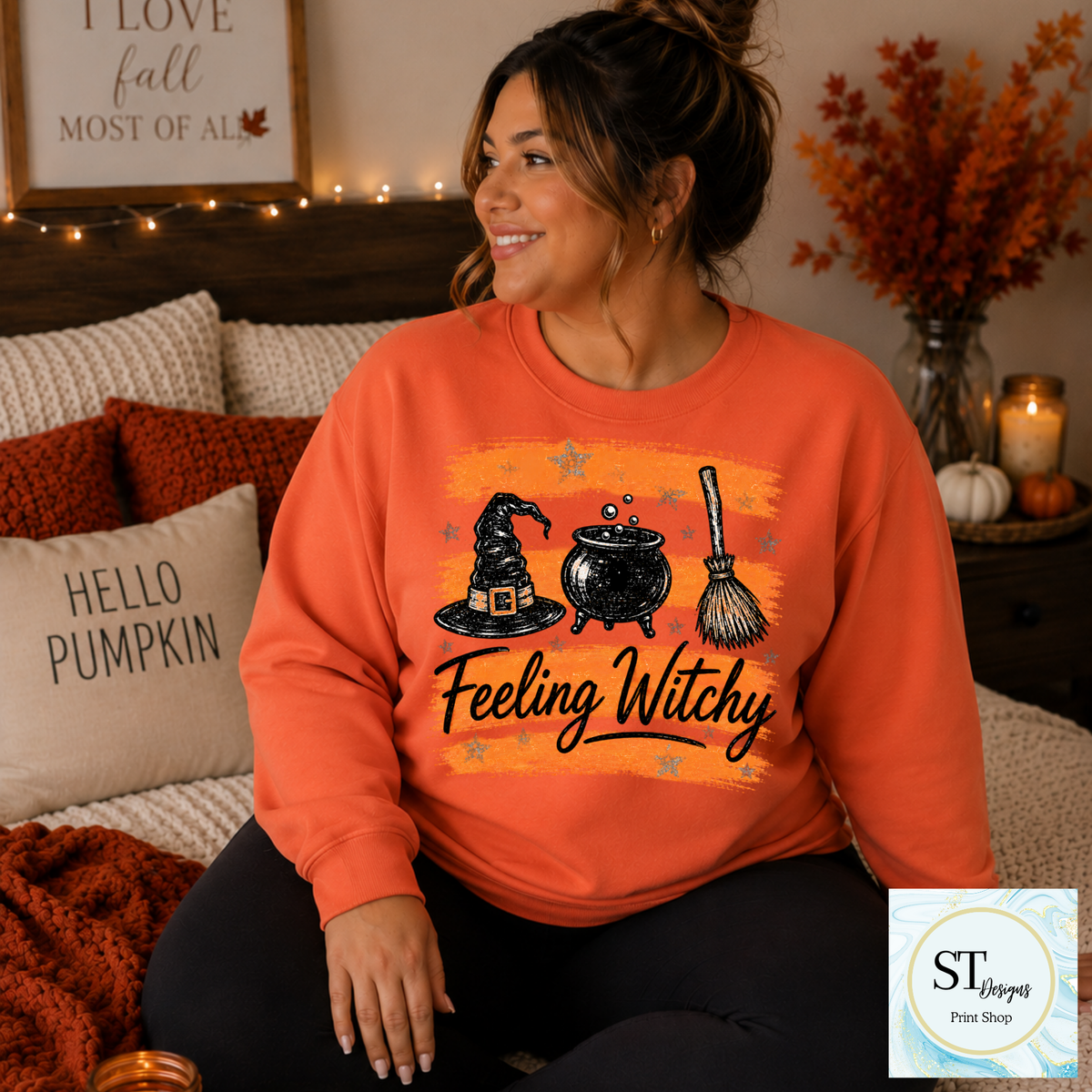 Feeling Witchy Halloween Cauldron Hat and Broom Graphic