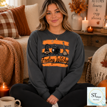 Feeling Witchy Halloween Cauldron Hat and Broom Graphic