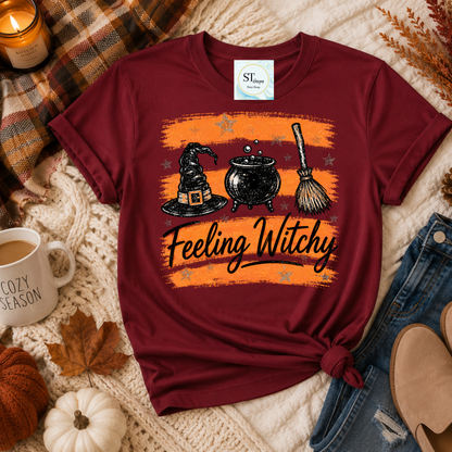 Feeling Witchy Halloween Cauldron Hat and Broom Graphic
