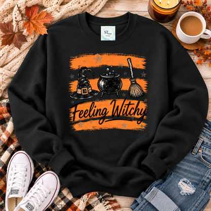 Feeling Witchy Halloween Cauldron Hat and Broom Graphic