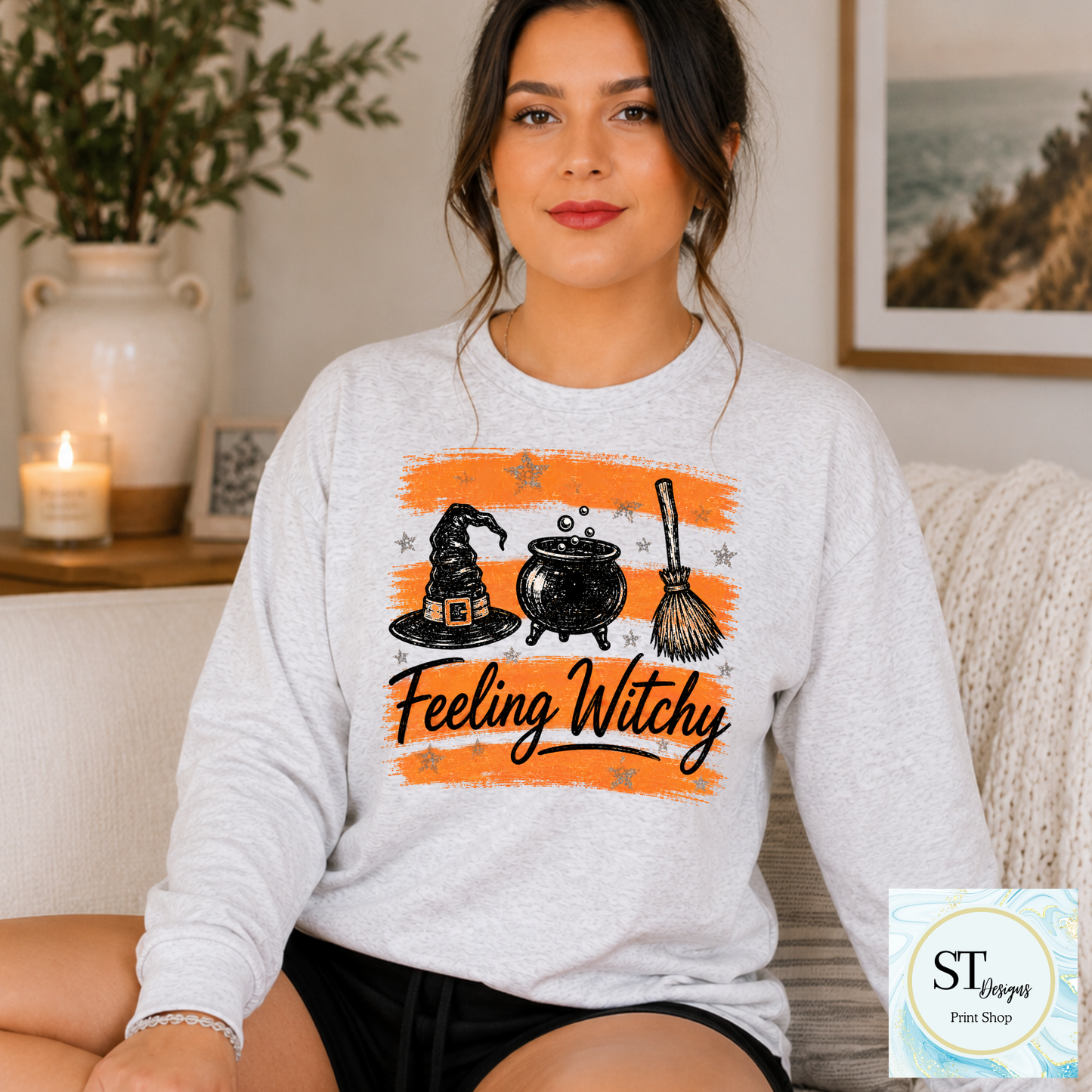 Feeling Witchy Halloween Cauldron Hat and Broom Graphic