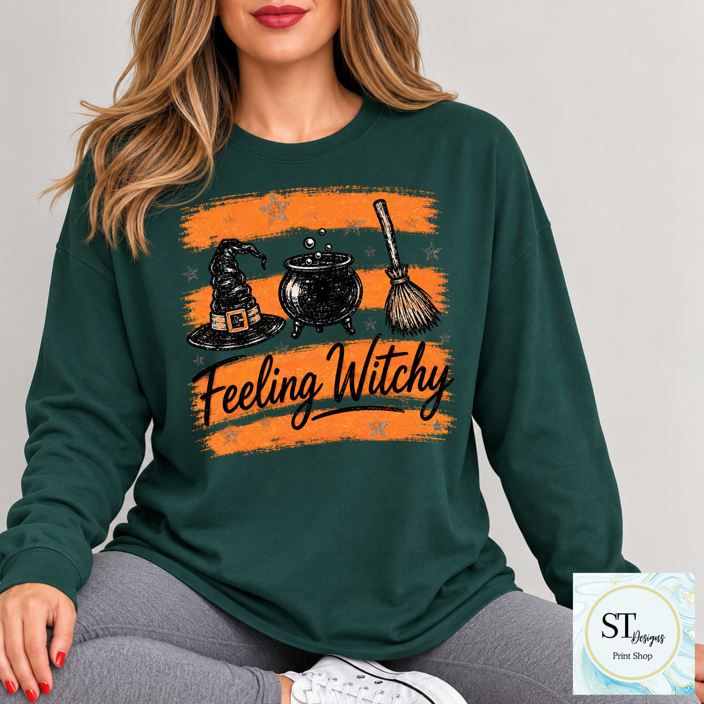 Feeling Witchy Halloween Cauldron Hat and Broom Graphic