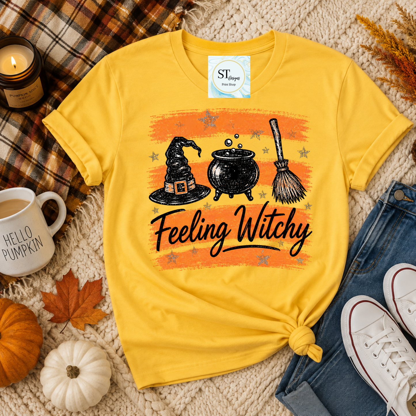 Feeling Witchy Halloween Cauldron Hat and Broom Graphic