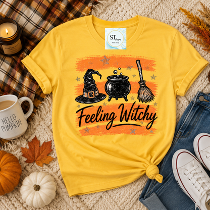 Feeling Witchy Halloween Cauldron Hat and Broom Graphic
