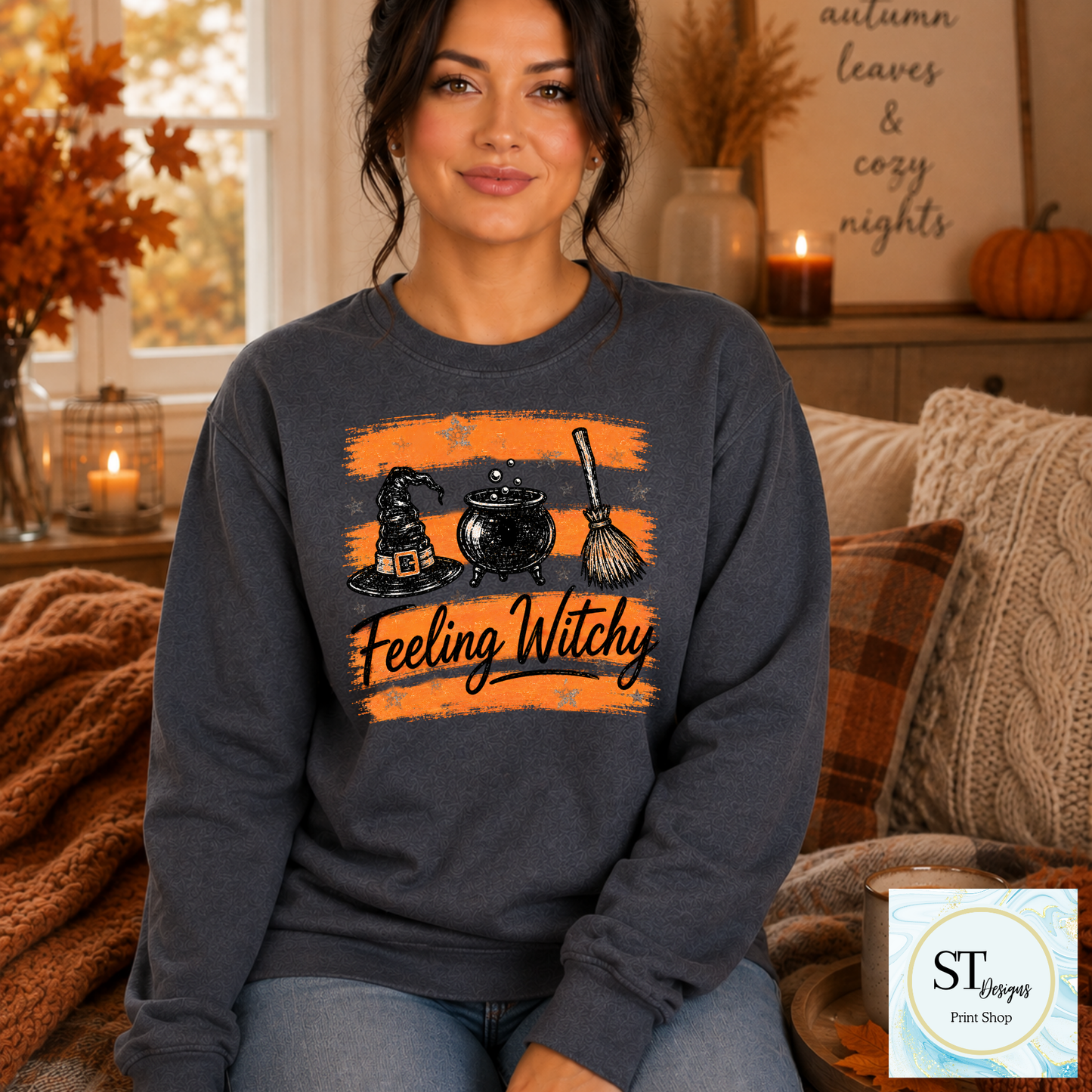 Feeling Witchy Halloween Cauldron Hat and Broom Graphic